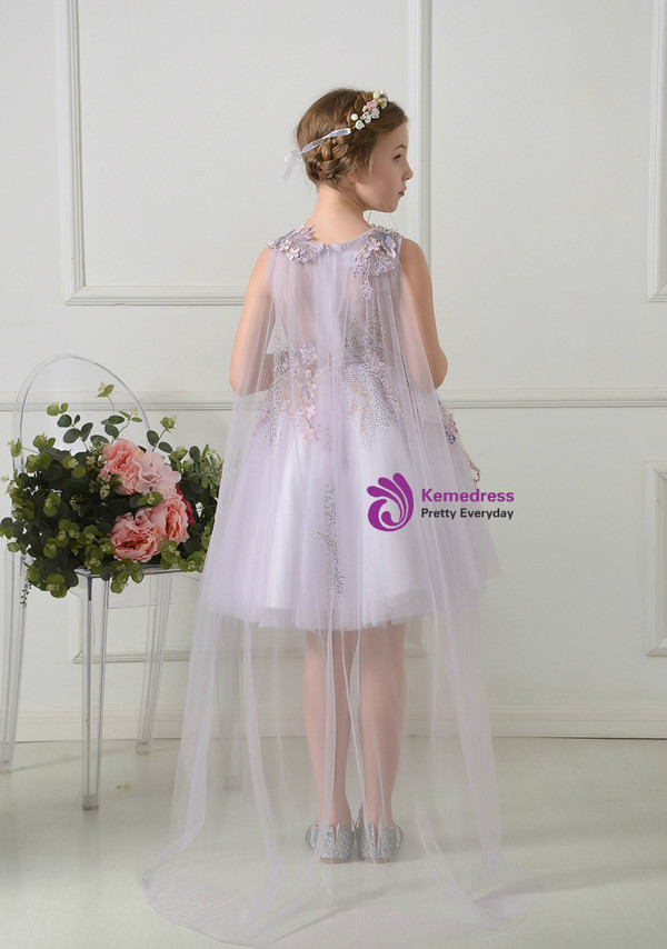 Light Purple V-neck Tulle Appliques Short Flower Girl Dress