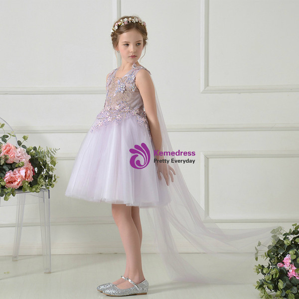 Light Purple V-neck Tulle Appliques Short Flower Girl Dress