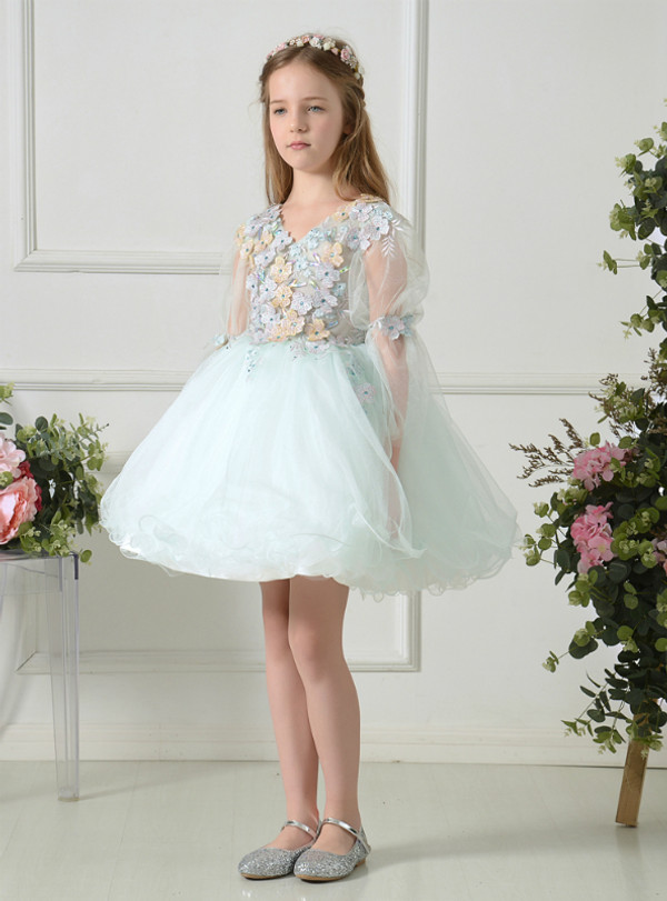 Light Green Tulle V-neck Long Sleeve Appliques Mini Flower Girl Dress