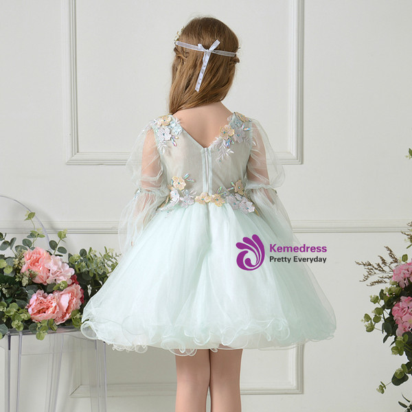 Light Green Tulle V-neck Long Sleeve Appliques Mini Flower Girl Dress