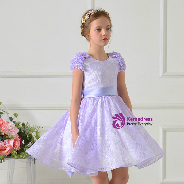 A-Line Purple Lace Cap Sleeve Flower Girl Dress With Sash