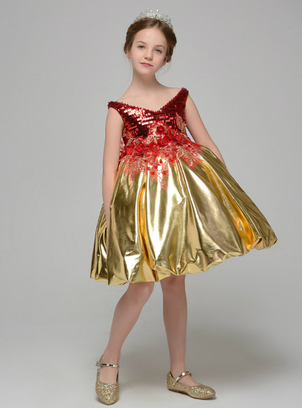 Gold Off The Shoulder Red Sequins Appliques Flower Girl Dress