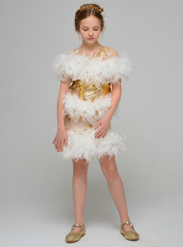 Gold Sequins Sheath Short Sleeve Feather Mini Short Flower Girl Dress