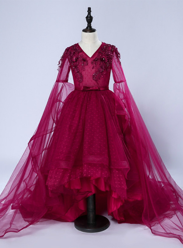 Burgundy Tulle Hi Lo Appliques V-neck Short Sleeve Girl Dress