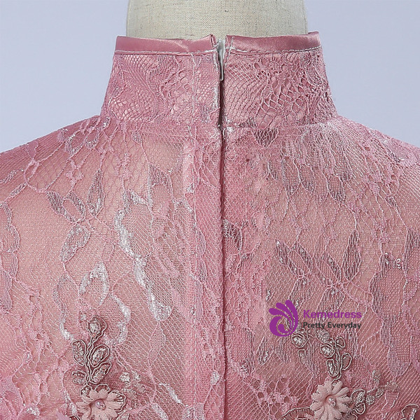 Pink Tulle High Neck Long Sleeve Appliques Floor Length Girl Dress