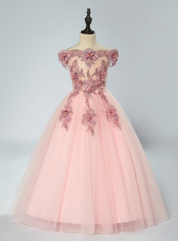 Pink Ball Gown Tulle Off The Shoulder Appliques Flower Girl Dress