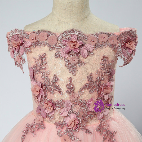 Pink Ball Gown Tulle Off The Shoulder Appliques Flower Girl Dress