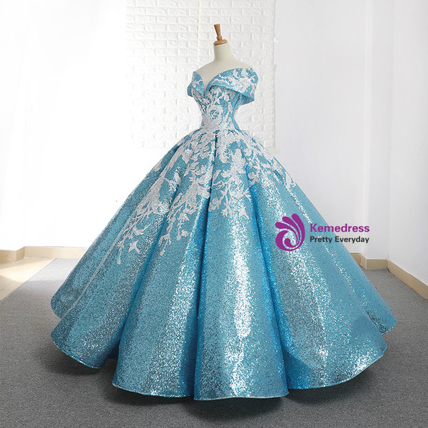 Blue Ball Gown Sequins Off The Shoulder Appliques Wedding Dress