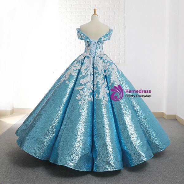 Blue Ball Gown Sequins Off The Shoulder Appliques Wedding Dress