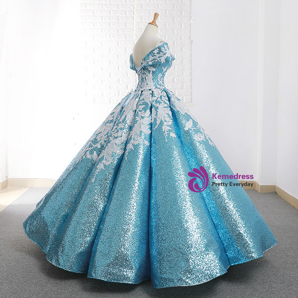 Blue Ball Gown Sequins Off The Shoulder Appliques Wedding Dress