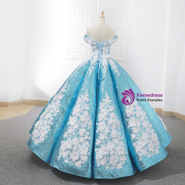 Blue Sequins Off The Shoulder Floor Length Appliques Wedding Dress
