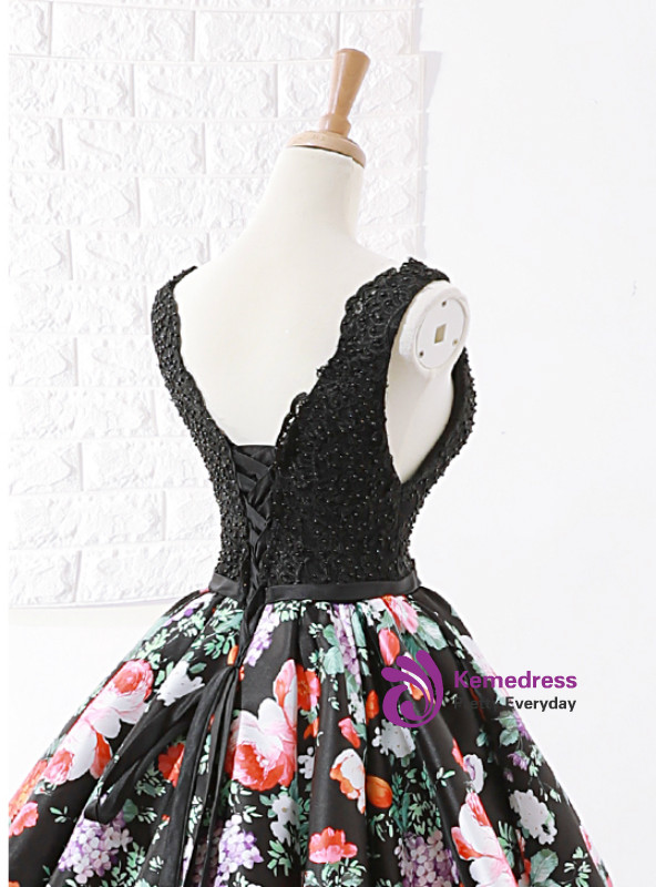 Black Print Satin Lace V-neck Backless Floor Length Wedding Dress