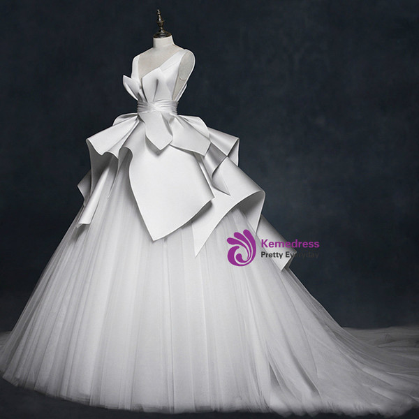 White Satin Tulle See Through Neck Backless Wedding Dress