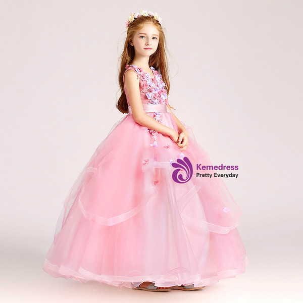 Blue Tulle V-neck Appliques Floor Length Flower Girl Dress