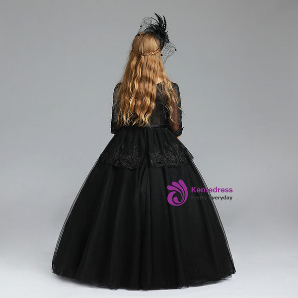 Ball Gown Black Tulle Half Sleeve Floor Length Flower Girl Dress