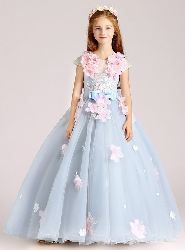 Blue Tulle Appliques Cap Sleeve Floor Length Flower Girl Dress