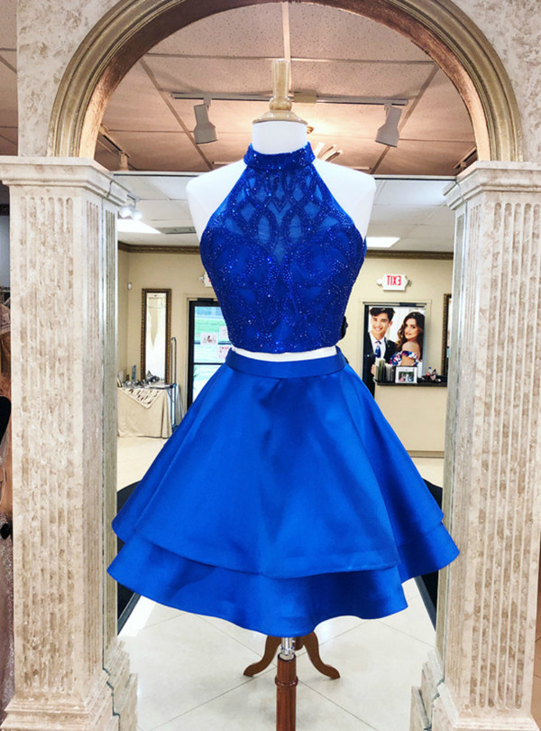 A-line Blue Satin Halter Neckline Two Pieces Homecoming Dresses