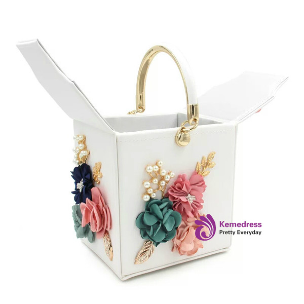 Women Clutches White Flower Clutch Bag Box Clutch Purse Handbag
