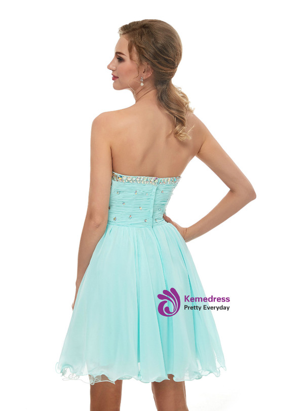 Light Blue Chiffon Sweetheart Neck With Crystal Homecoming Dress