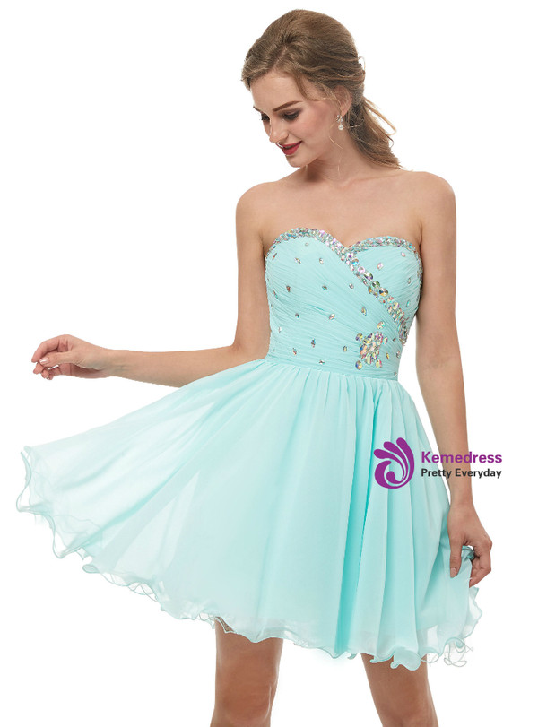 Light Blue Chiffon Sweetheart Neck With Crystal Homecoming Dress