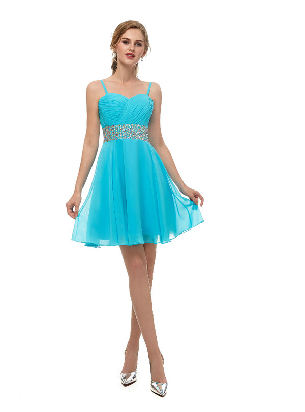 Blue Chiffon Spaghetti Straps Homecoming Dress With Crystal