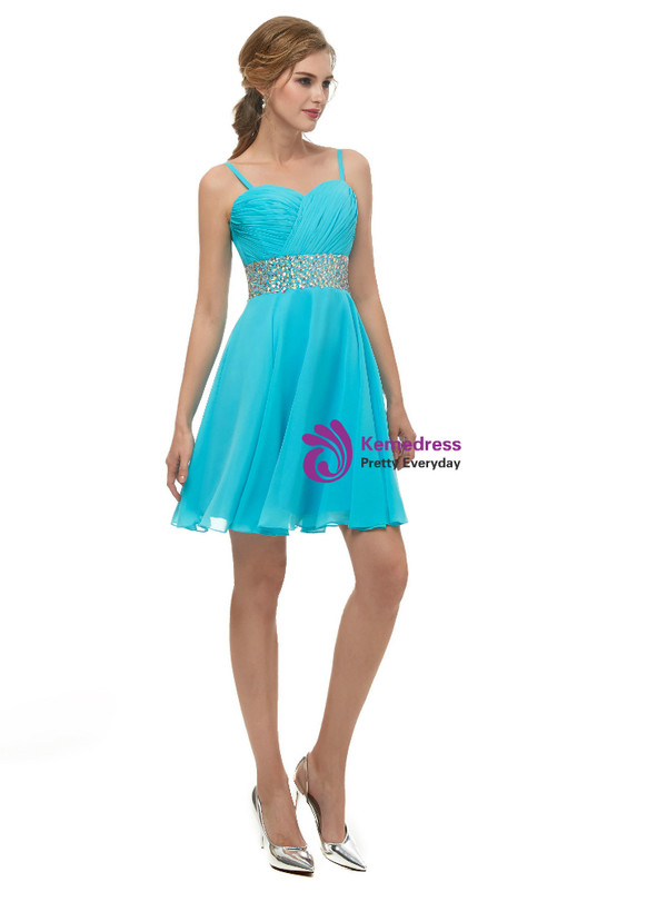 Blue Chiffon Spaghetti Straps Homecoming Dress With Crystal