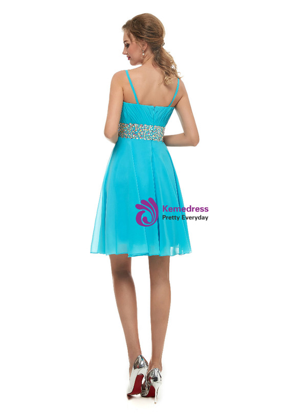 Blue Chiffon Spaghetti Straps Homecoming Dress With Crystal