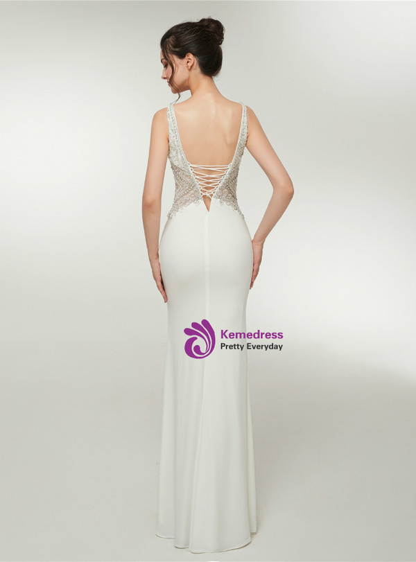 White Meramid Deep V-neck Backless Prom Dress With Crystal