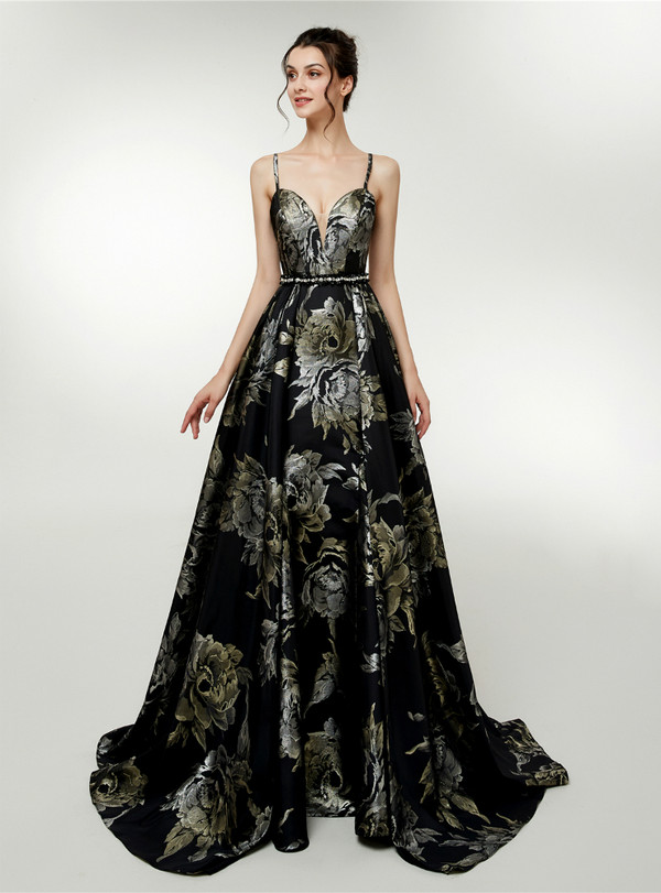 A-Line Black Satin Spaghetti Straps Print Backless Prom Dress