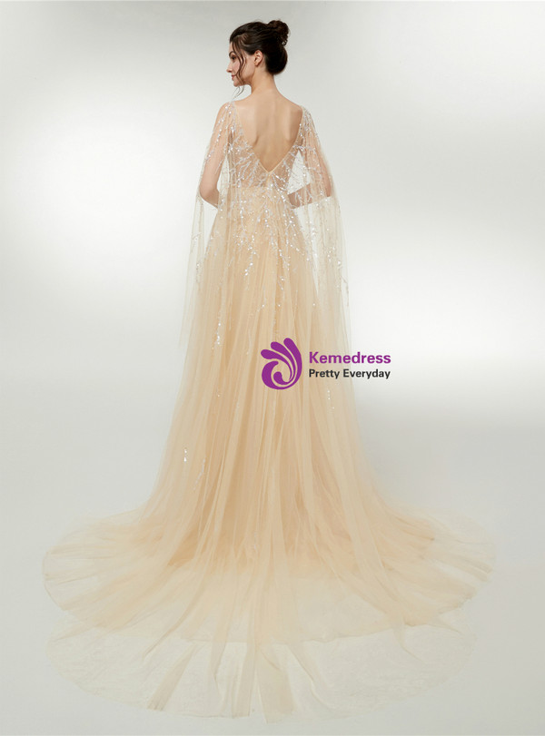 Sexy A-Line Champagne Tulle Sequins Backless Prom Dress