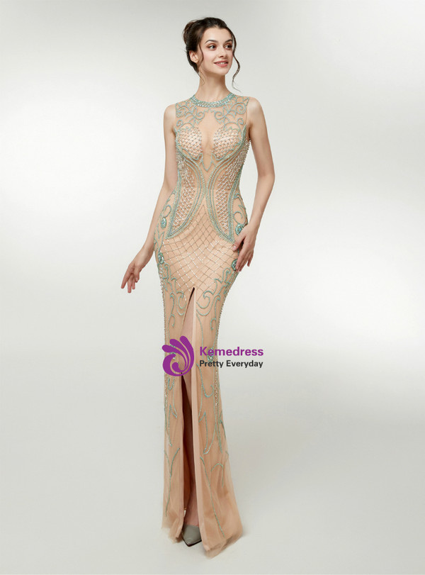 Champagne Tulle Mermaid Floor Length Prom Dress With Beading