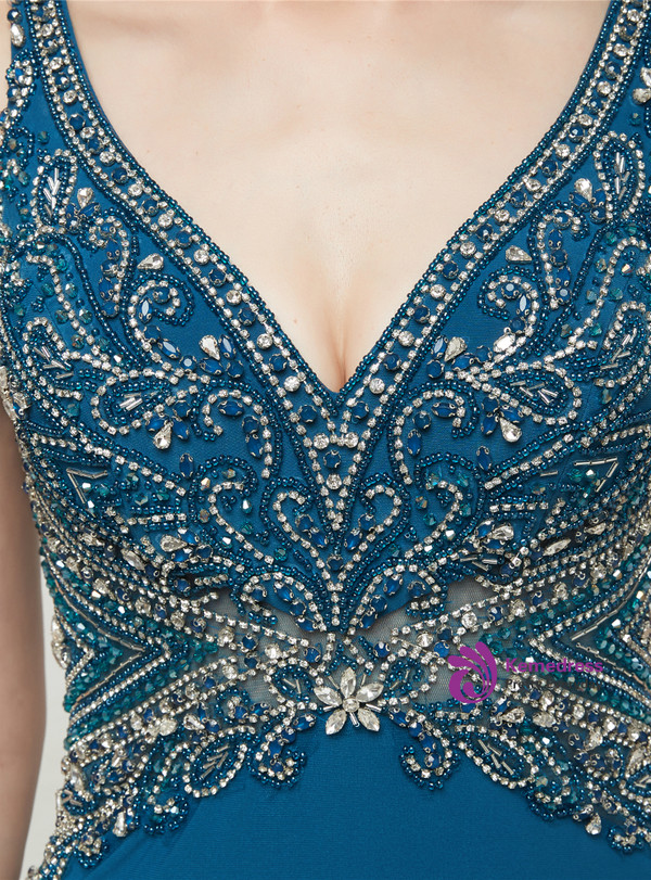 Blue Satin Mermaid Deep V-neck Lace Back Floor Length Prom Dress