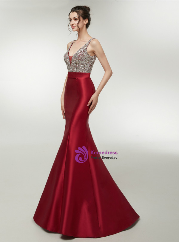 Red Satin Mermaid V-neck Backless With Beading Prom Dress