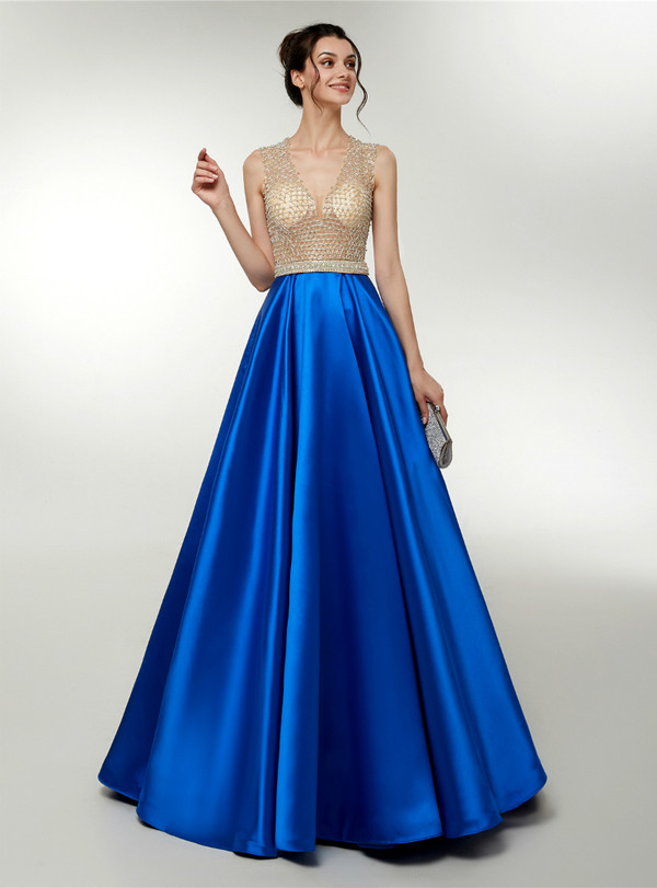 Royal Blue Satin V-neck Floor Length Prom Dress With Beading