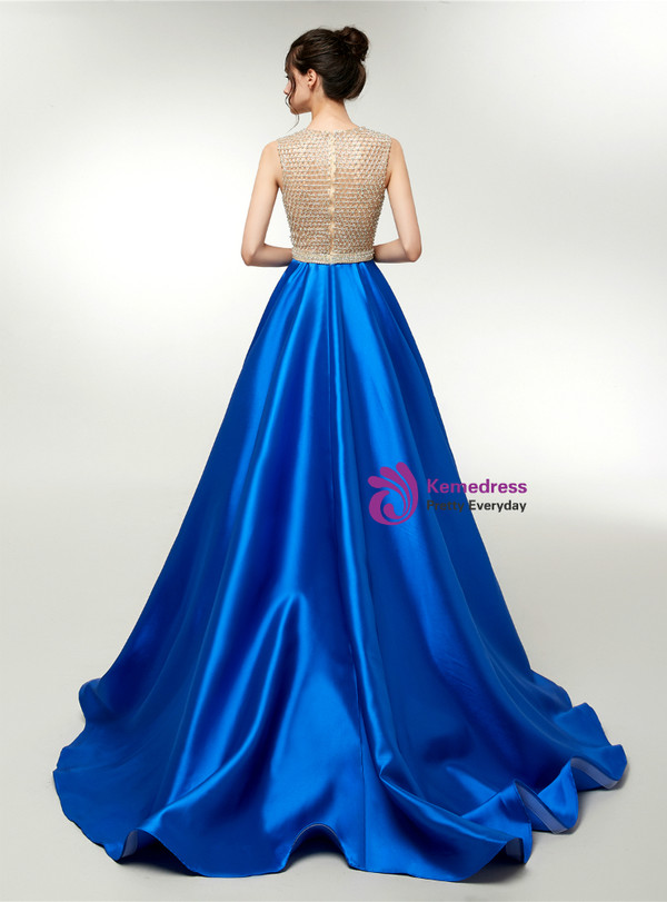 Royal Blue Satin V-neck Floor Length Prom Dress With Beading