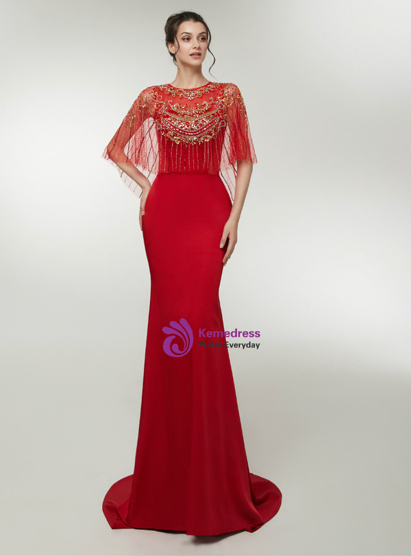 Red Mermaid Satin Floor Length Prom Dress With Crystal