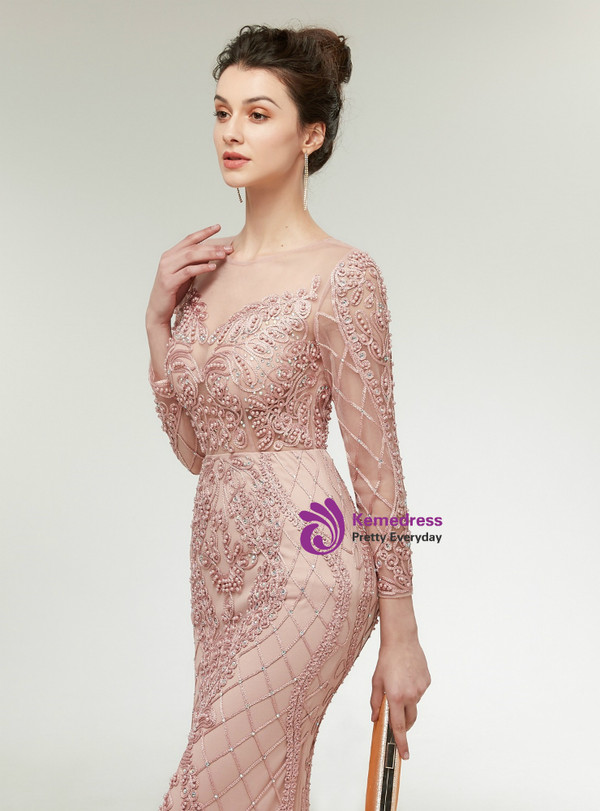 Pink Mermaid Lace Appliques Long Sleeve Prom Dress With Pearls