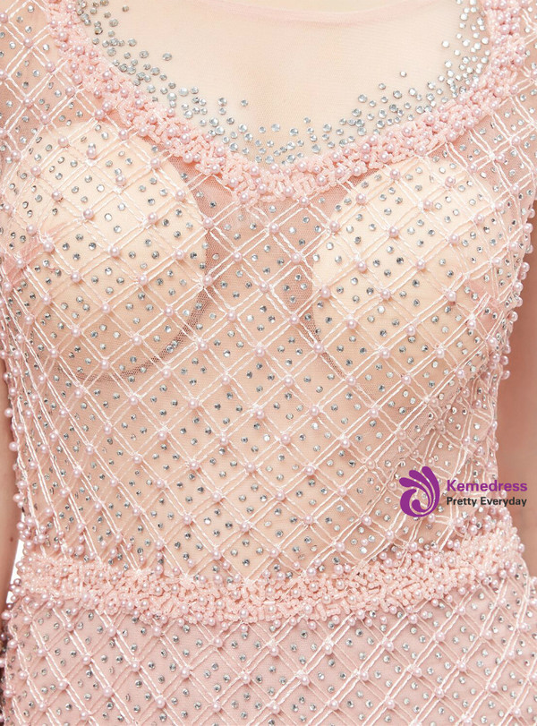 Pink Mermaid Tulle Cap Sleeve Pearls Floor Length Prom Dress