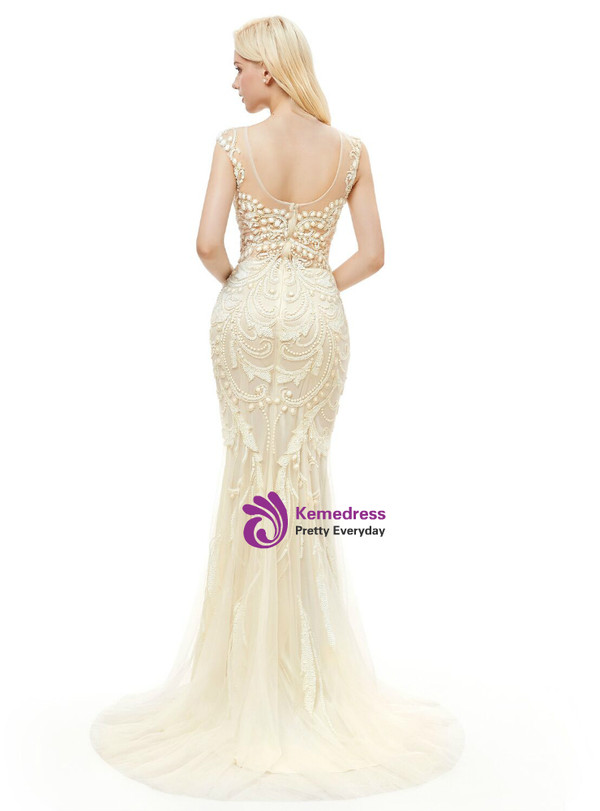 Champagne Tulle Mermaid Tulle Sequins Backless Prom Dress With Pearls
