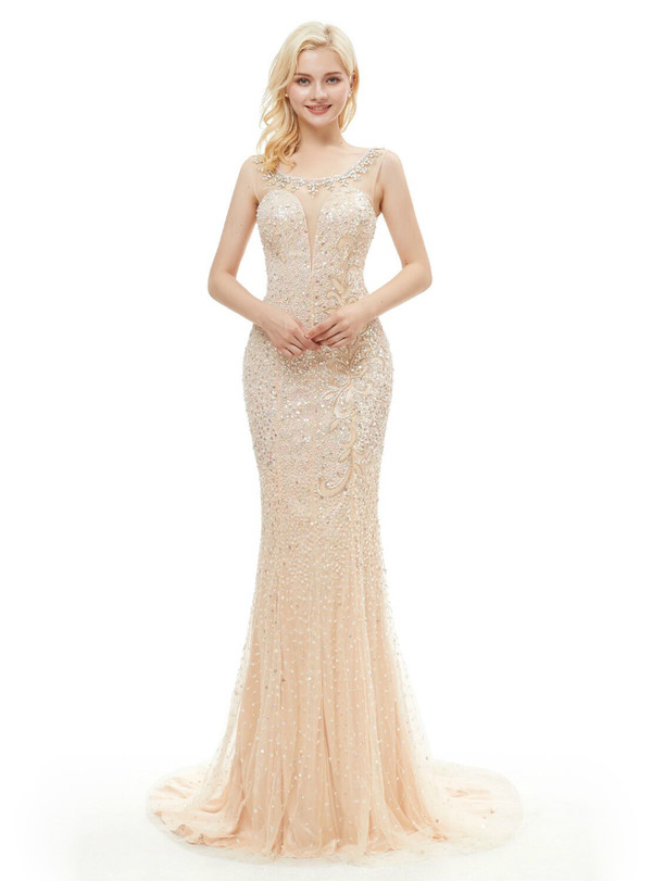 Champagne Tulle Sequins Mermaid Prom Dress With Beading