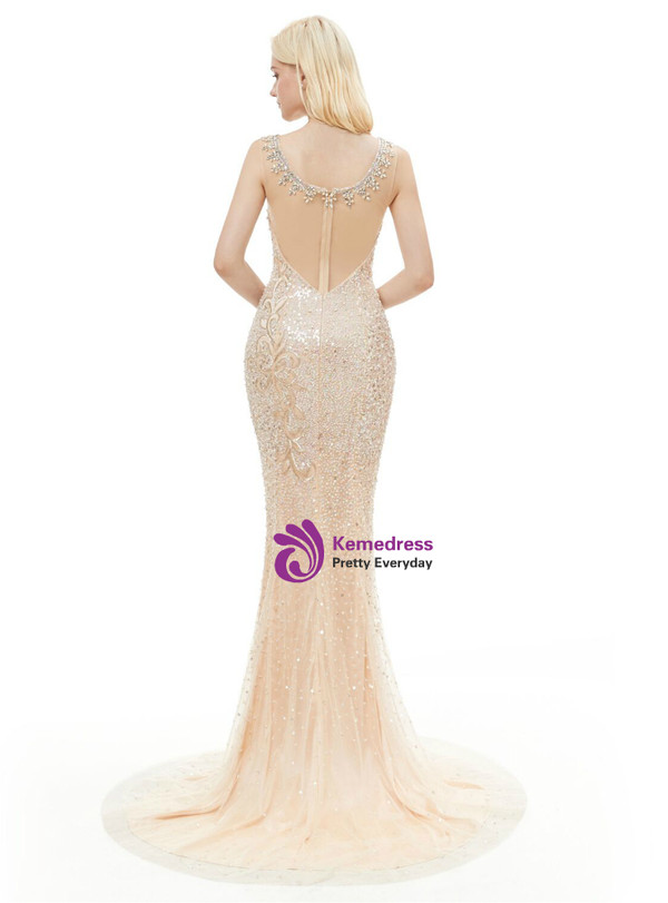 Champagne Tulle Sequins Mermaid Prom Dress With Beading