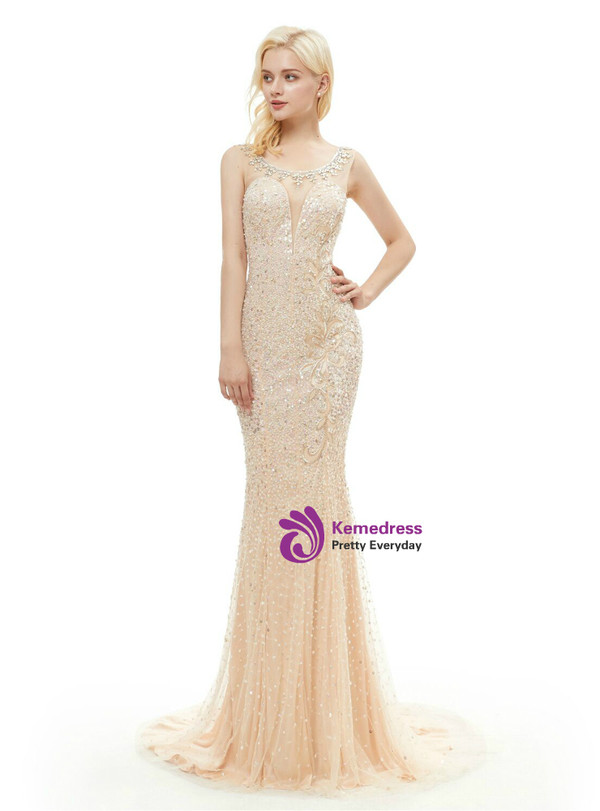 Champagne Tulle Sequins Mermaid Prom Dress With Beading
