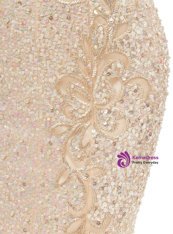 Champagne Tulle Sequins Mermaid Prom Dress With Beading