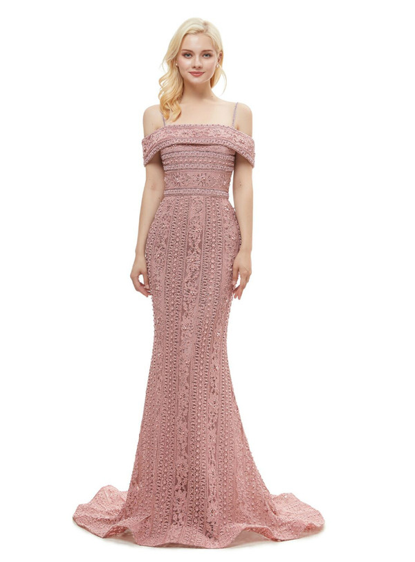 Pink Mermaid Spaghetti Straps Lace Floor Length Prom Dress