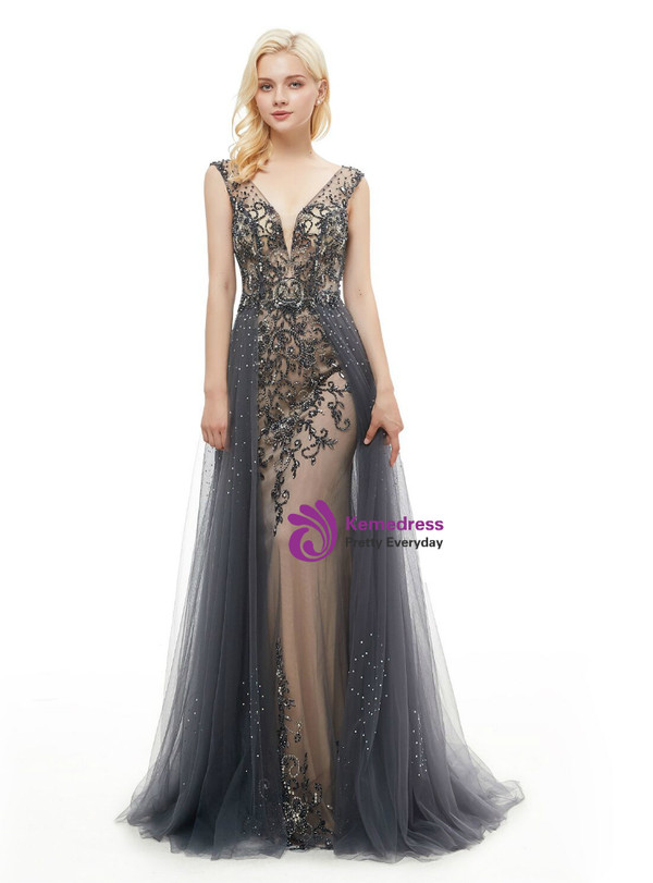 A-Line Gray Tulle V-neck Backless Floor Length Prom Dress