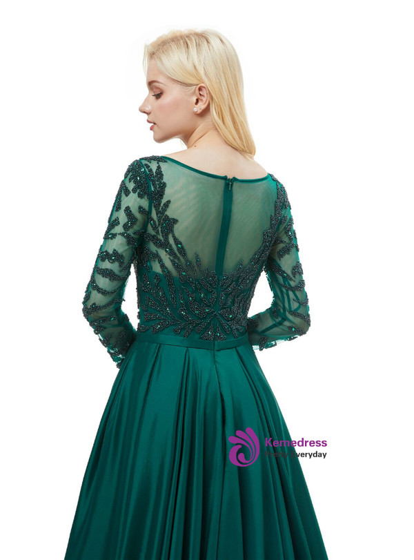 A-Line Green Satin Long Sleeve Floor Length Prom Dress