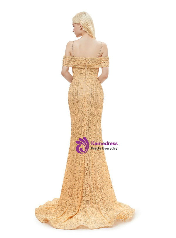 Champagne Tulle Lace Mermaid Spaghetti Straps Prom Dress