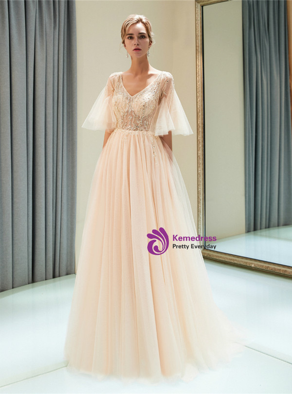 Champagne Pink Tulle V-neck Sequins Floor Length Prom Dress