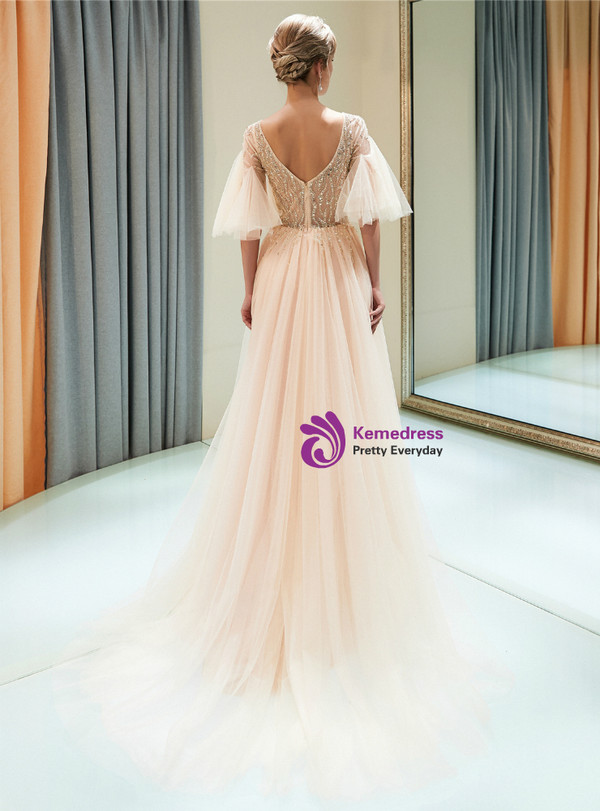 Champagne Pink Tulle V-neck Sequins Floor Length Prom Dress