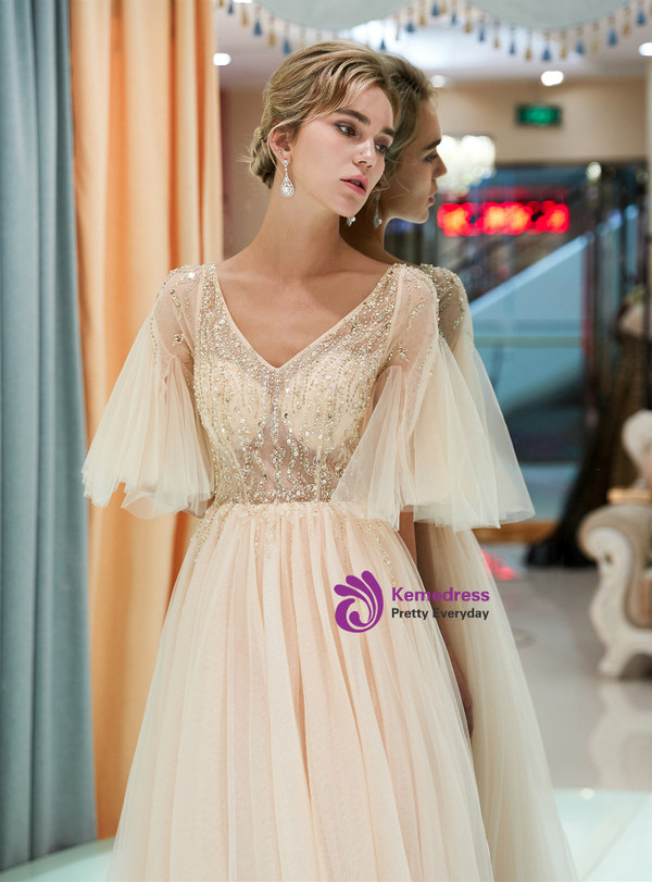 Champagne Pink Tulle V-neck Sequins Floor Length Prom Dress